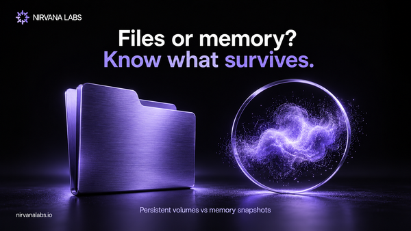 A solid violet file folder contrasts with suspended particles in a circular frame, illustrating files versus captured memory.
