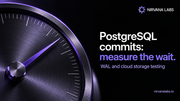 A close-up violet precision dial illustrates measuring PostgreSQL WAL and commit latency.