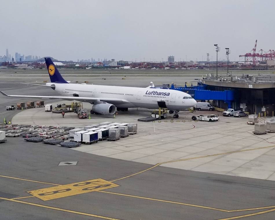An airliner at Newark Liberty International Airport operated by Lufthansa