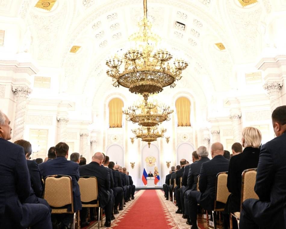 Russian President Vladimir Putin addresses a ceremony on the annexation of four Ukraine regions