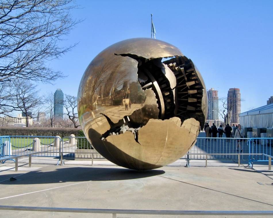 The Sphere Within Sphere bronze sculpture, symbolizing the emergence of a new world from the old