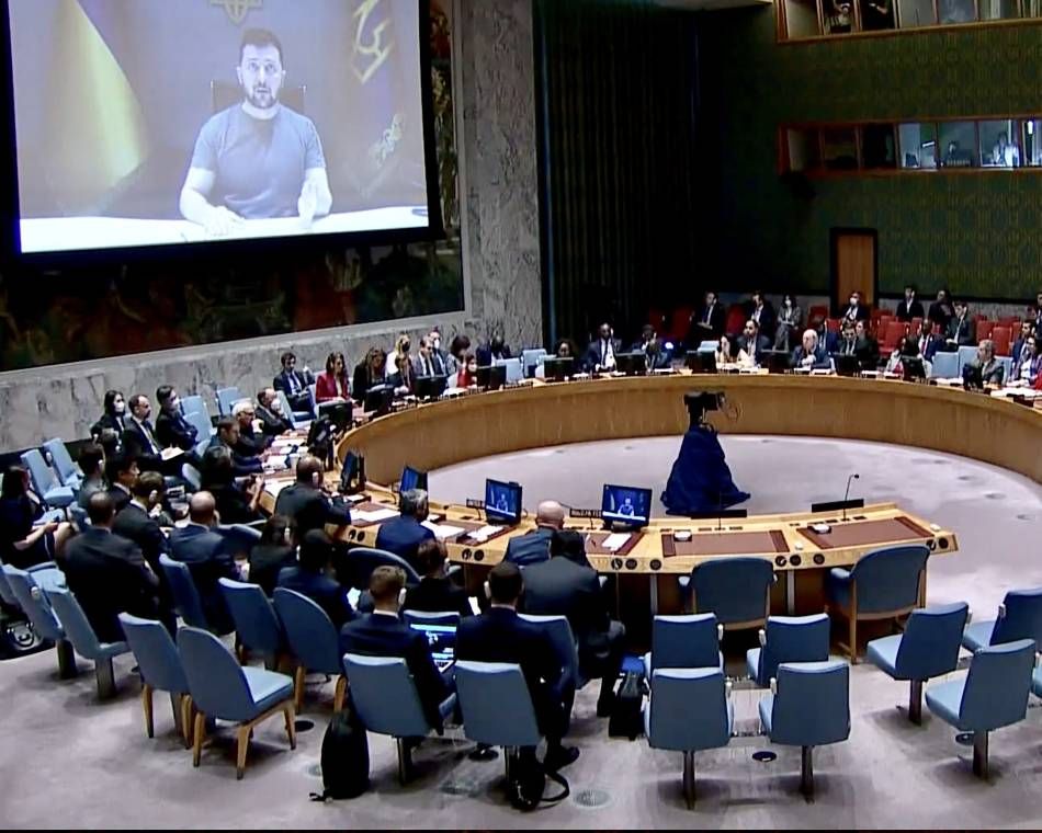 Ukraine's President Volodymyr Zelenskyy addresses the U.N. Security Council
