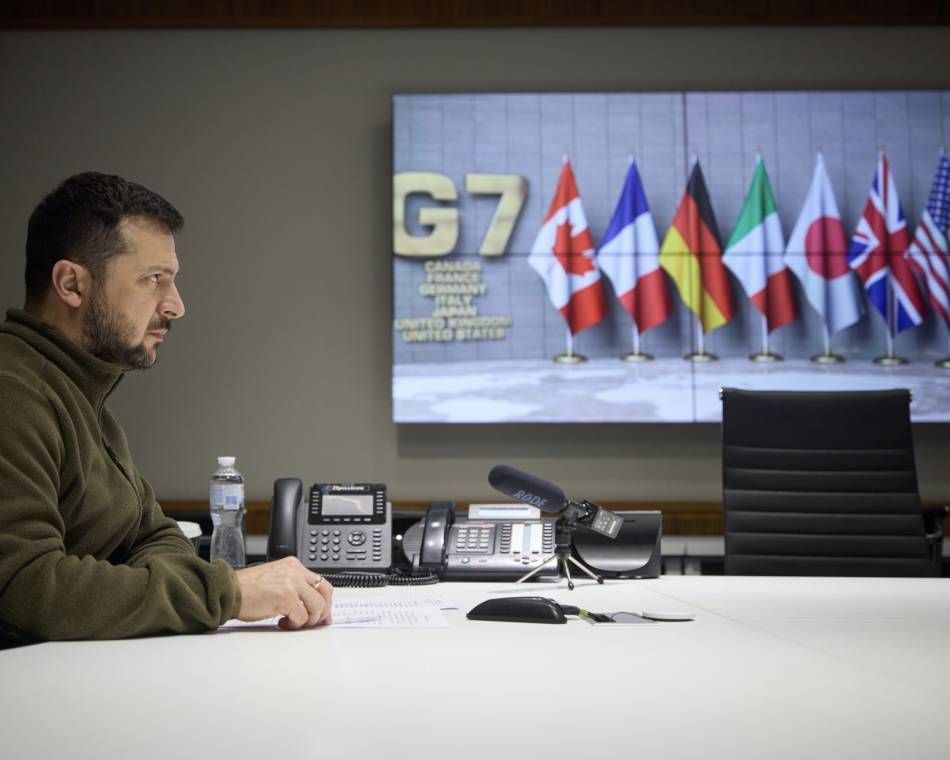 Ukraine's President Volodymyr Zelenskyy addresses the Group of Seven's leaders
