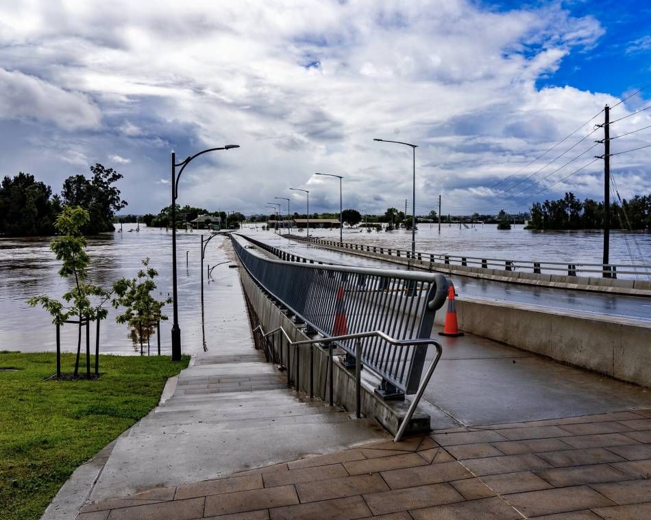 Major floods in Australia overtake a bridge at Windsor, New South Wales in March