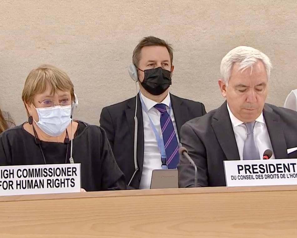 U.N. human rights chief Michelle Bachelet and Human Rights Council President Federico Villegas at a session on Ukraine