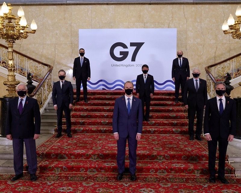 U.K. Foreign Secretary Dominic Raab, center, hosts the G-7 foreign and development ministers' meeting in London