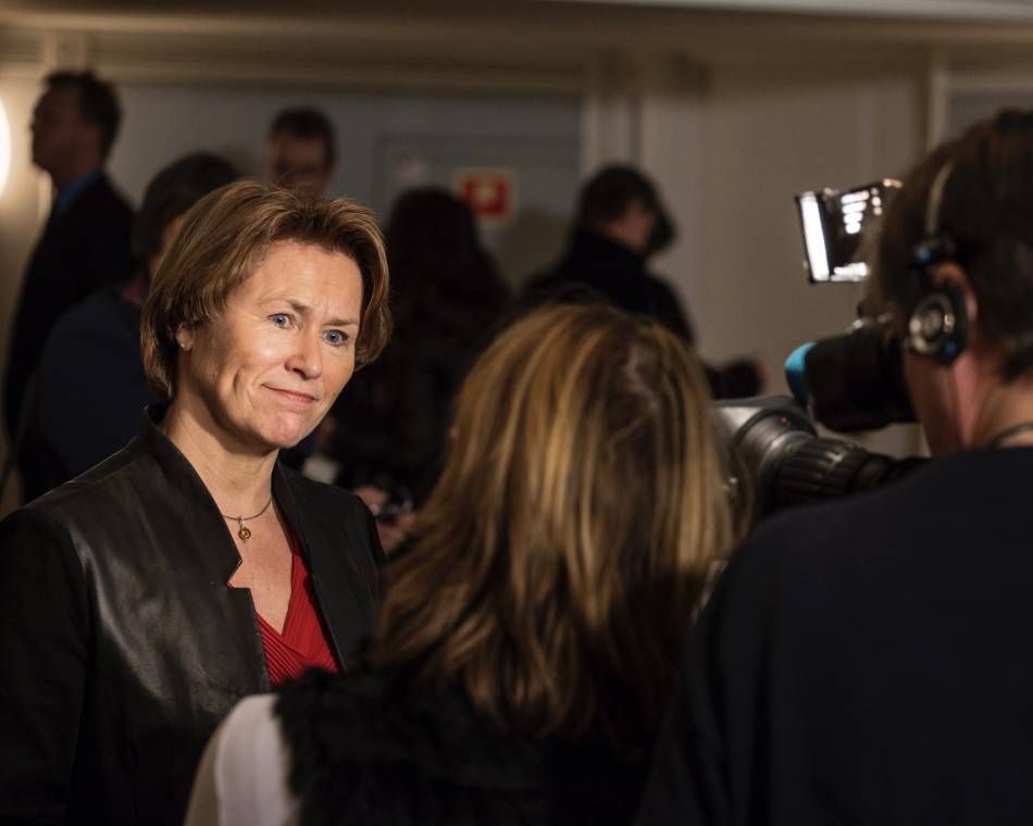 Norway's then-Justice Minister Grete Faremo with reporters in 2013