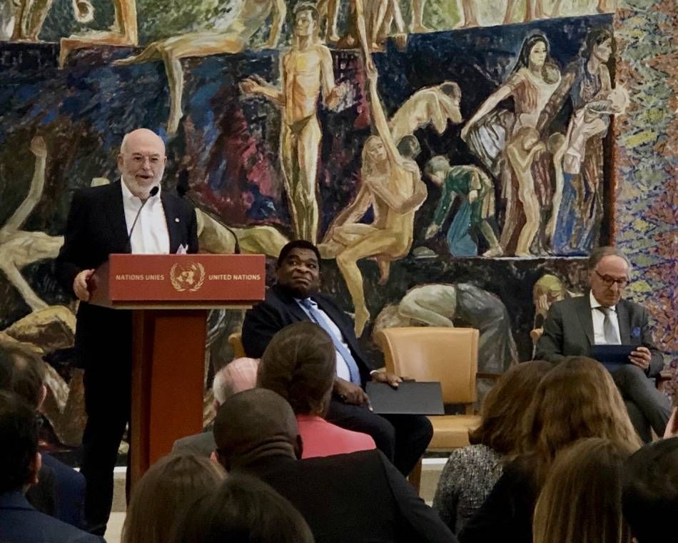 International Science Council President Peter Gluckman, left, at the UN Library in Geneva