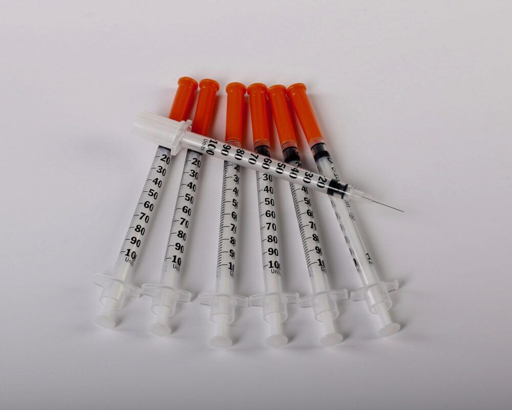 A photo illustration of medicinal syringes used to administer drugs, vaccines and blood transfusions