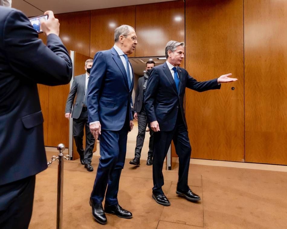Russian Foreign Minister Sergey Lavrov, left, meets with U.S. Secretary of State Antony Blinken in Geneva