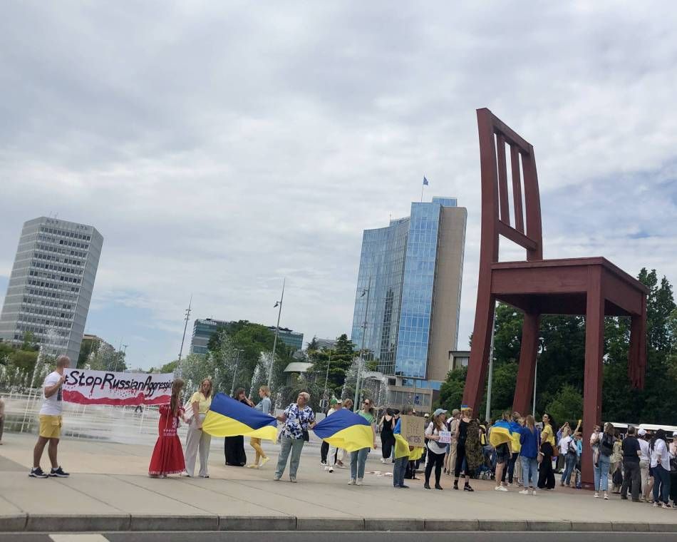 A protest in May over Russia's war in Ukraine at Place des Nations across from the U.N. in Geneva