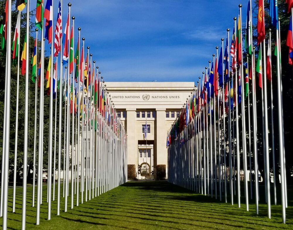 Flags of United Nations members outside the Palais des Nations in Geneva