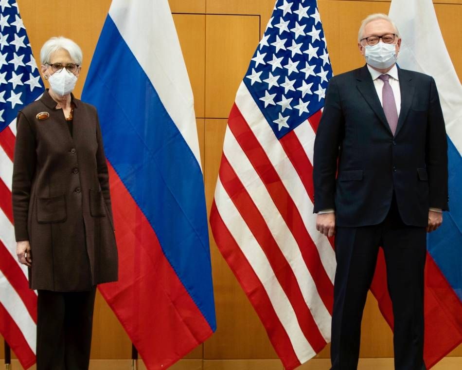 U.S. Deputy Secretary of State Wendy Sherman, left, and Russian Deputy Foreign Minister Sergei Ryabkov meet in Geneva