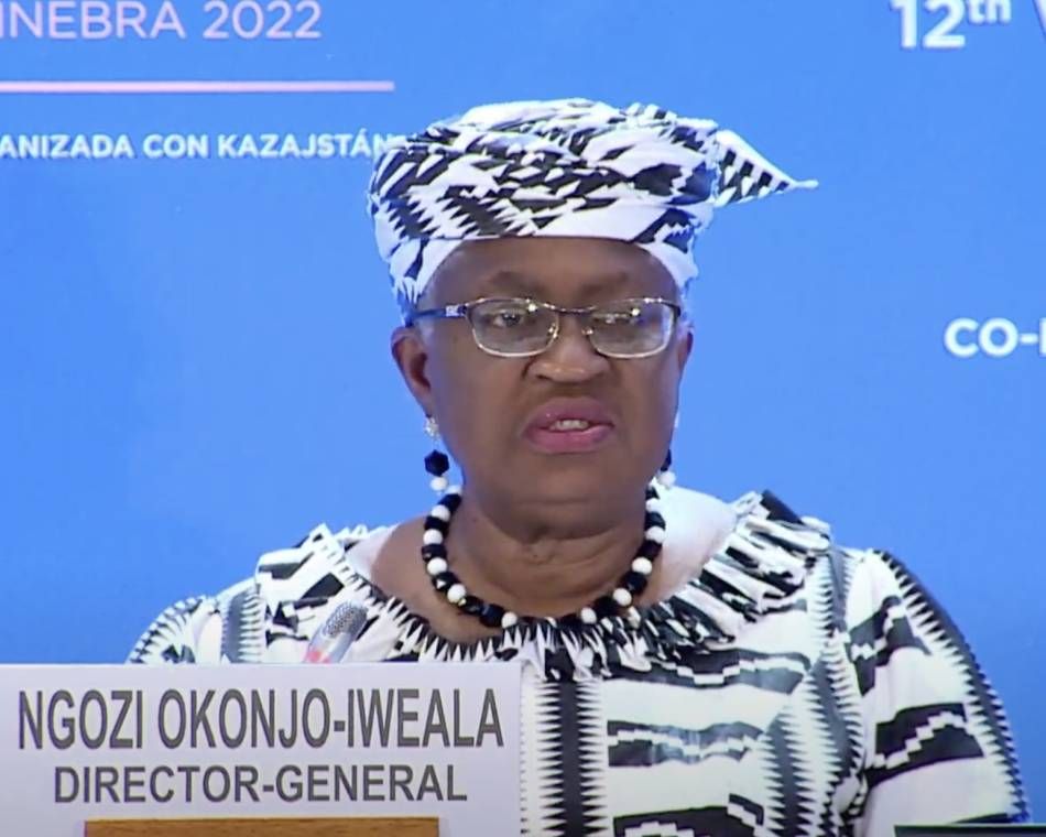 WTO Director-General Ngozi Okonjo-Iweala answers questions at a press conference