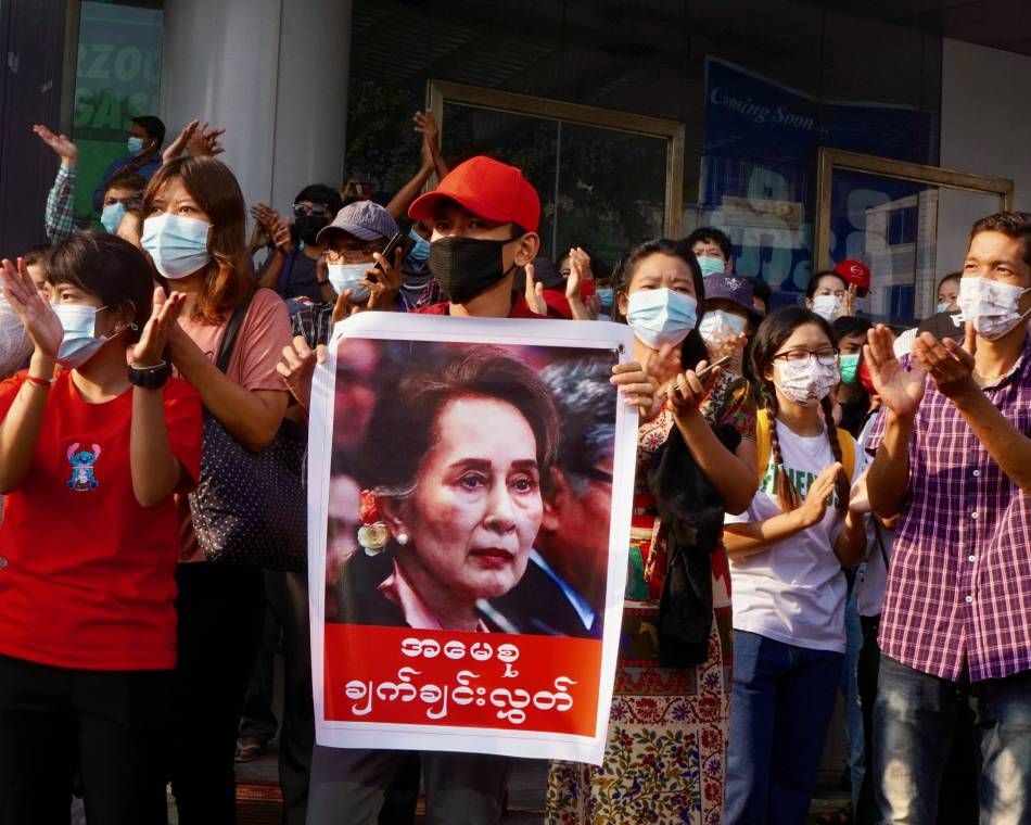 Protesters in Yangon call on Myanmar's military to free Aung San Suu Kyi