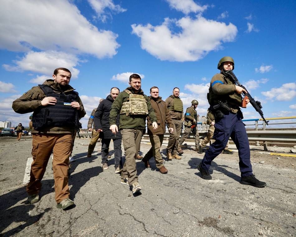 Ukraine's President Volodymyr Zelenskyy visits Bucha to speak with residents and journalists