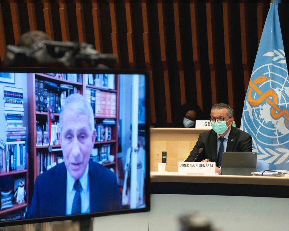 Dr. Anthony Fauci, left, and WHO chief Tedros Adhanom Ghebreyesuscases at a virtual meeting