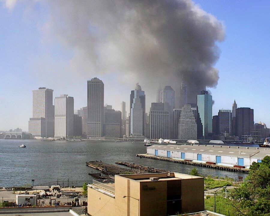 Lower Manhattan on the morning of September 11, 2001 from the Brooklyn Promenade