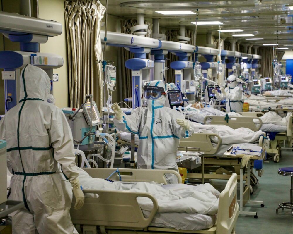 Medical workers with coronavirus patients in Wuhan, China on February 6, 2020
