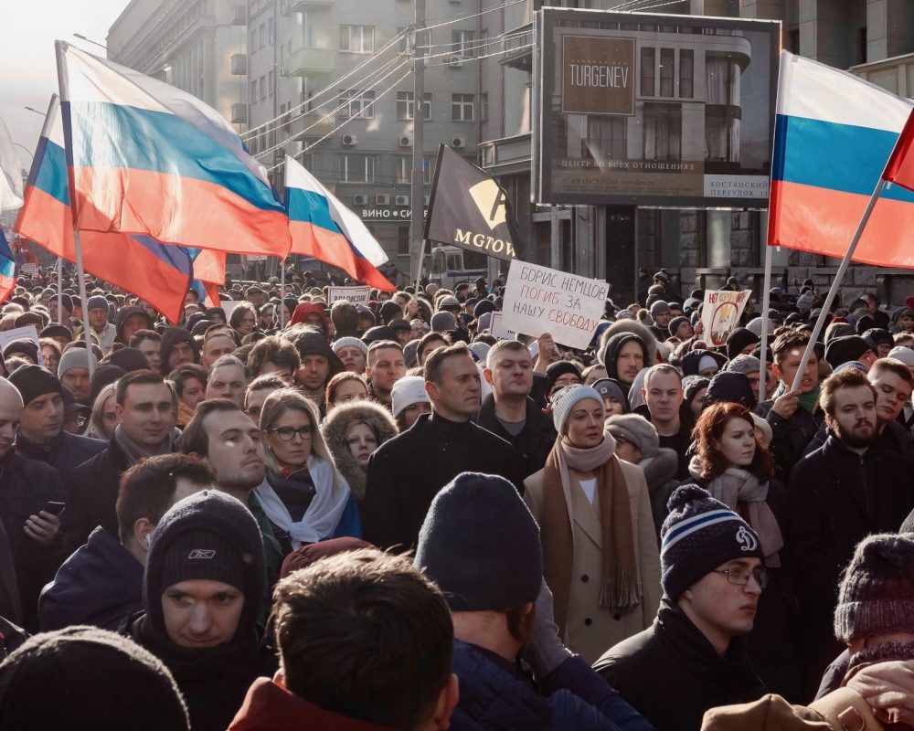 Russian opposition leader Alexei Navalny and other anti-corruption protesters at a march in Moscow