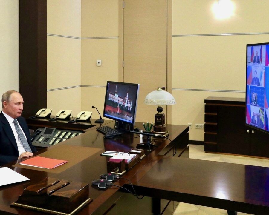 Russian President Vladimir Putin speaking with his Security Council by video link