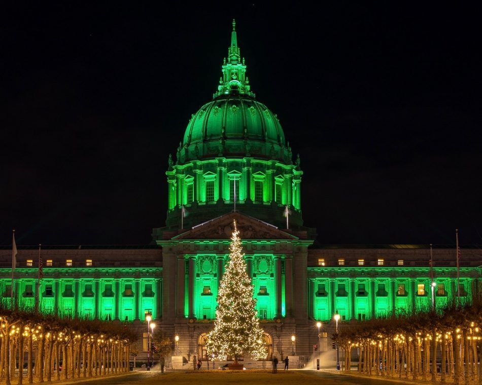 San Francisco's City Hall goes green in December 2020 to honor five years of the 2015 Paris Agreement