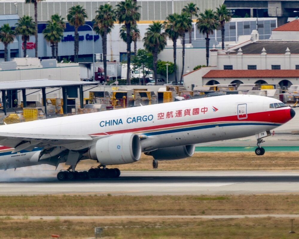 A cargo plane from Shanghai touches down at LAX