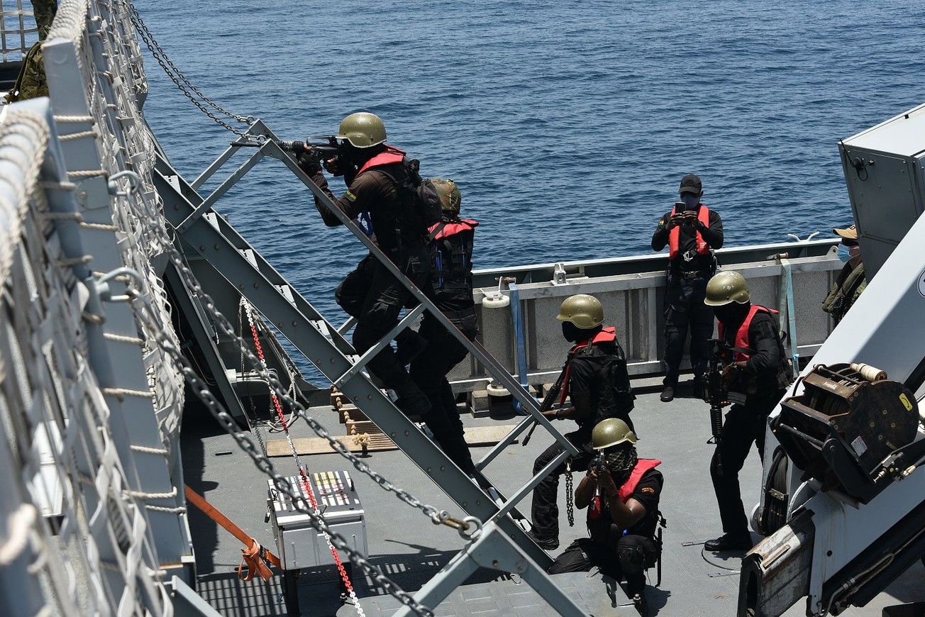 A Spanish patrol vessel conducts piracy exercises with Ghana's Navy in the Gulf of Guinea
