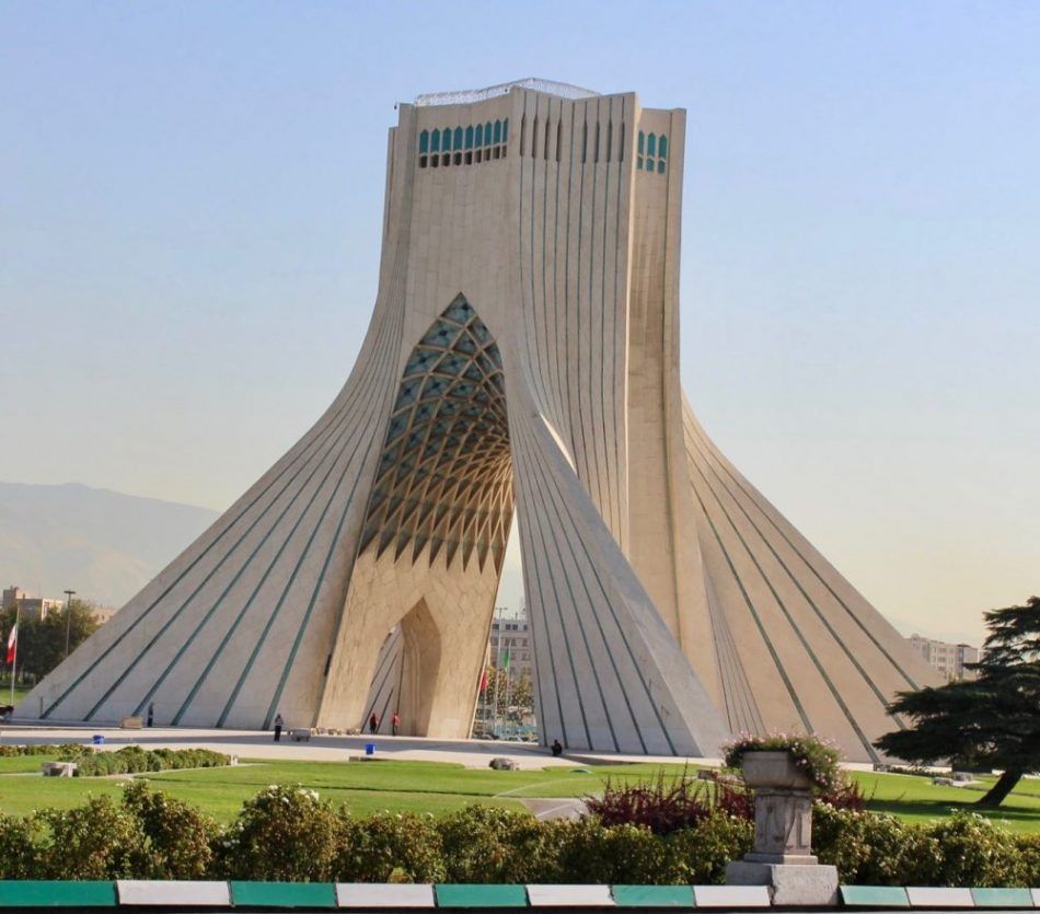 Tehran's marbled Azadi (Freedom) Tower, a landmark monument often lit up for national themes