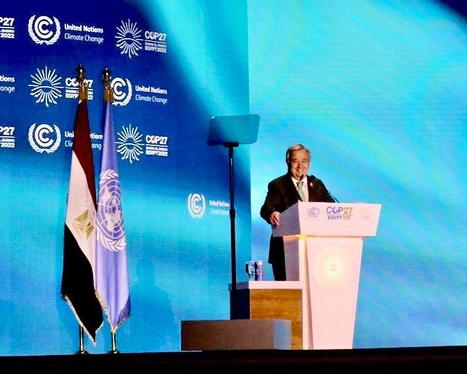 U.N. Secretary-General António Guterres speaks to the climate summit in Sharm el-Sheikh, Egypt