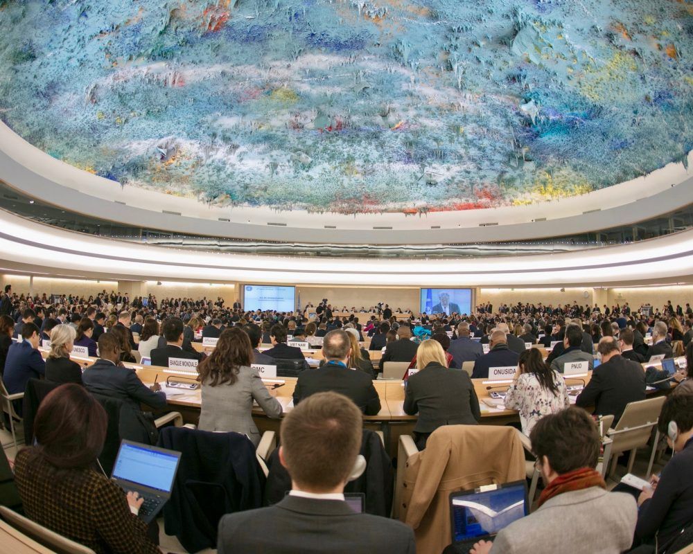 Diplomats meet in the U.N. Human Rights Council's chamber at Geneva