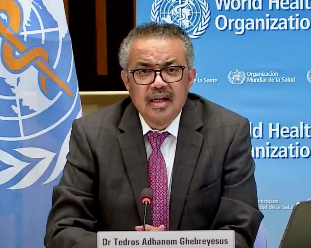 WHO's director-general at a virtual news briefing in Geneva