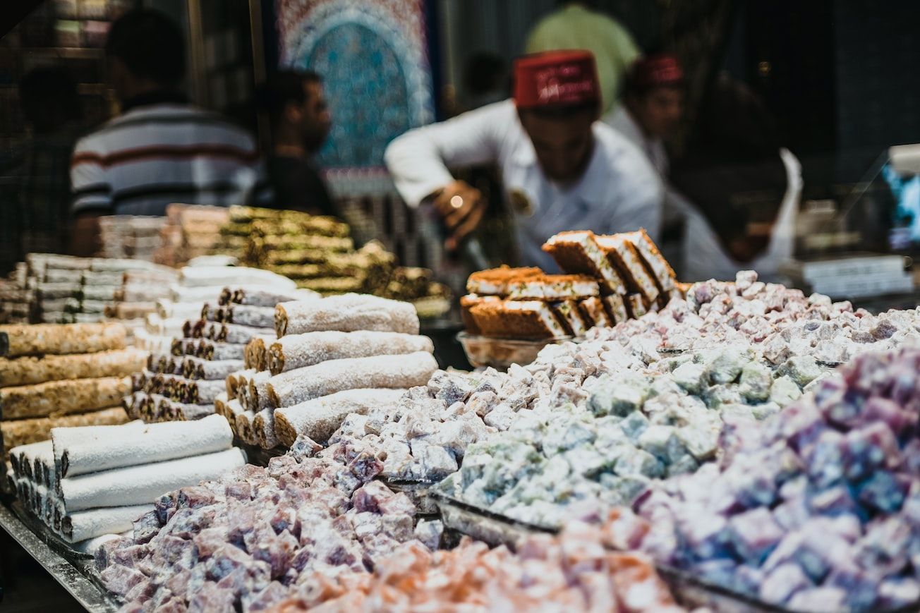 A Turkish market stall in Istanbul, at the crossroads of Asia and Europe, with a selection of lokum