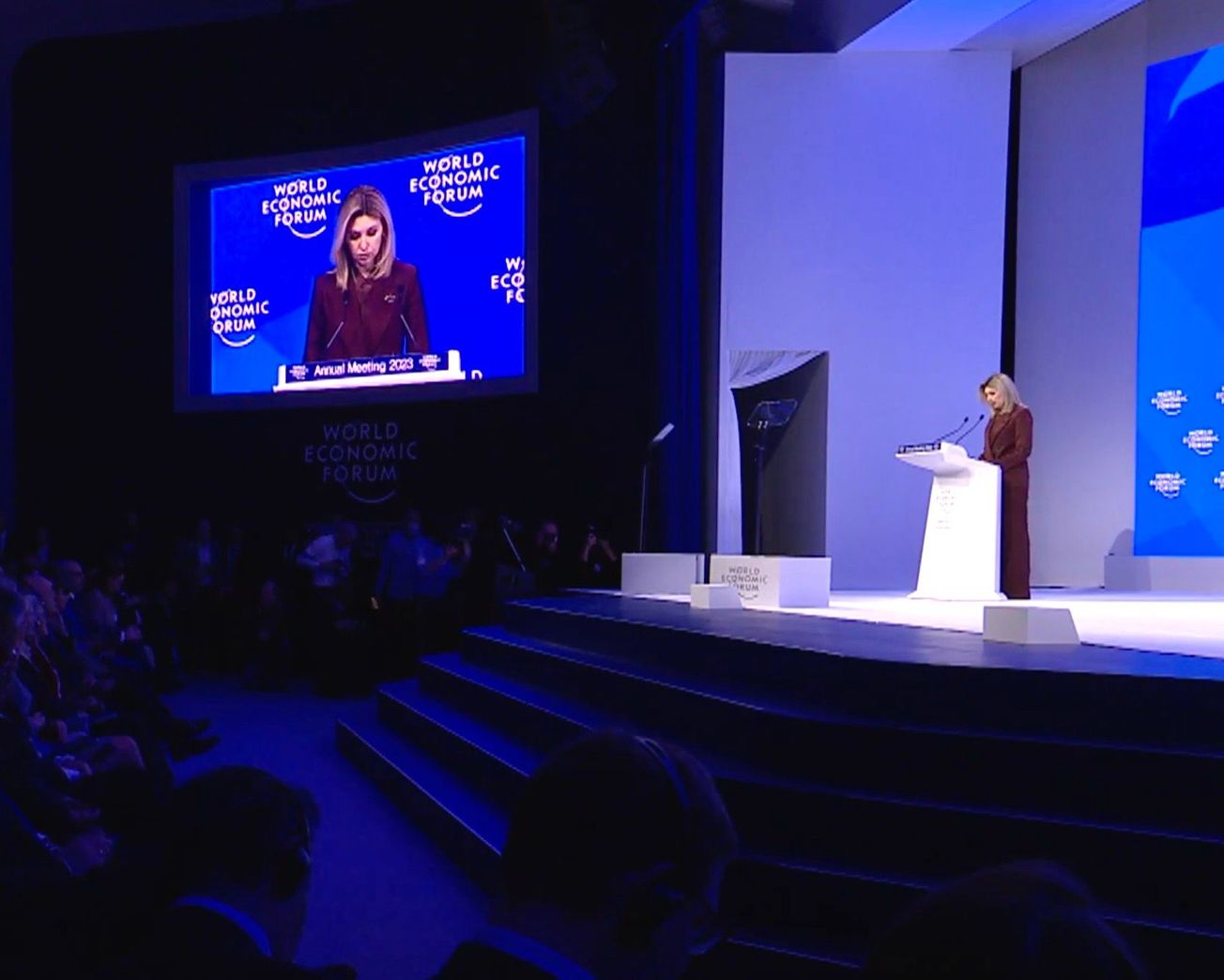 Ukraine’s first lady Olena Zelenska addresses the World Economic Forum in Davos