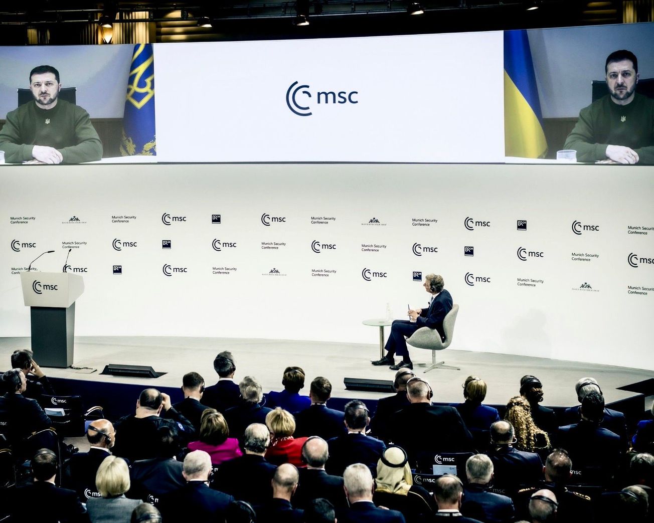 Ukrainian President Volodymyr Zelenskyy speaks in a livestream to the Munich Security Conference 2023