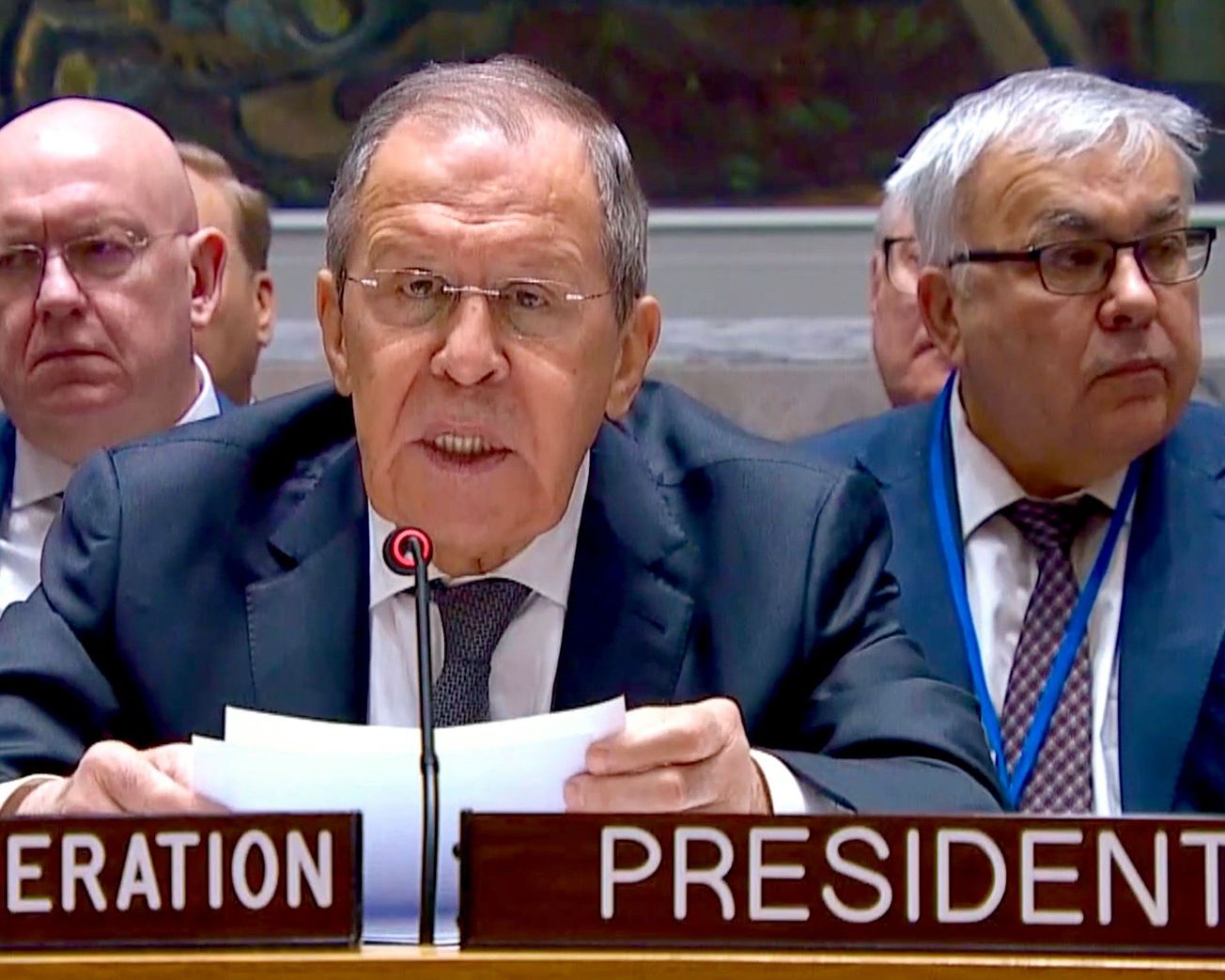 Russian Foreign Minister Sergey Lavrov chairs a U.N. Security Council meeting. 