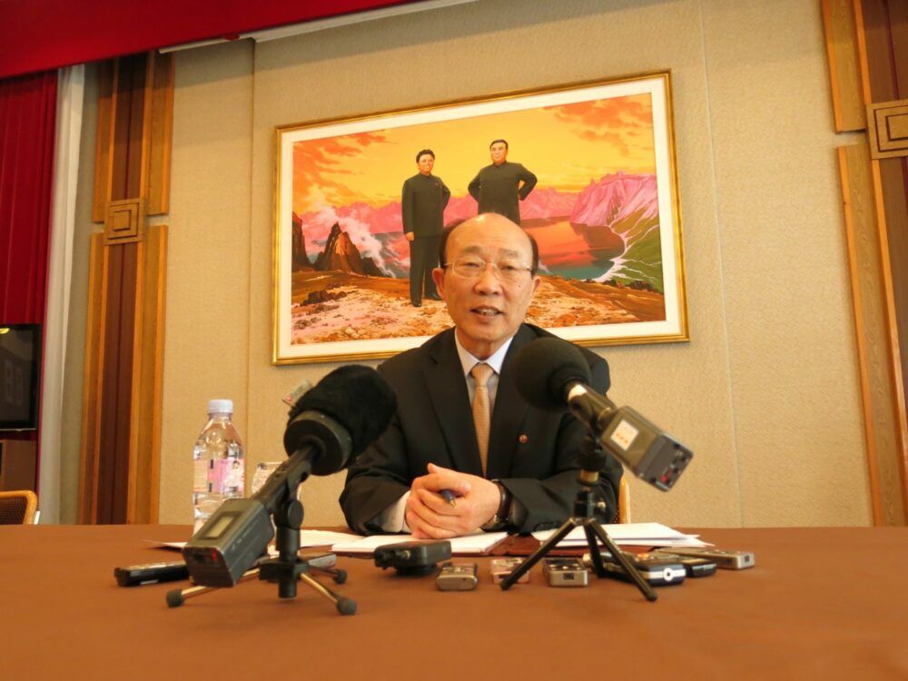 North Korean U.N. Ambassador So Se Pyong speaks to reporters at a news conference in 2014 at his country’s mission in Geneva.