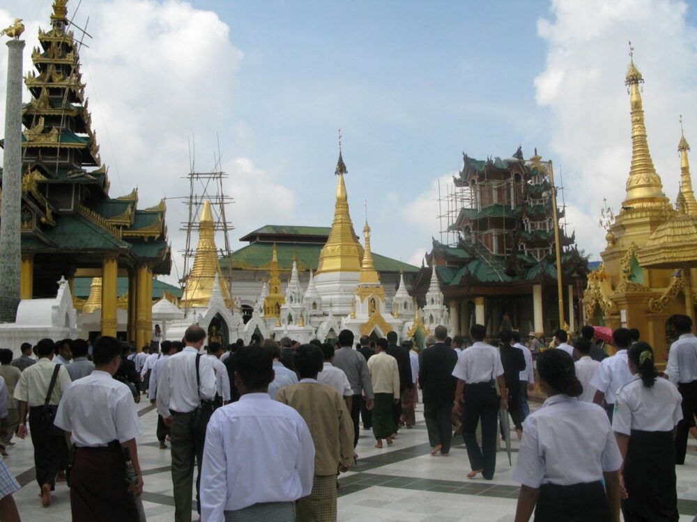 Journalists with a U.N. delegation at Shwedagon Pagoda in Yangon, Myanmar