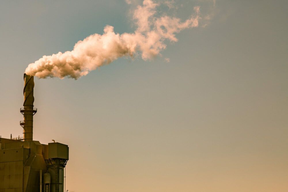 Pulp and paper mill smokestack in New Brunswick, Canada