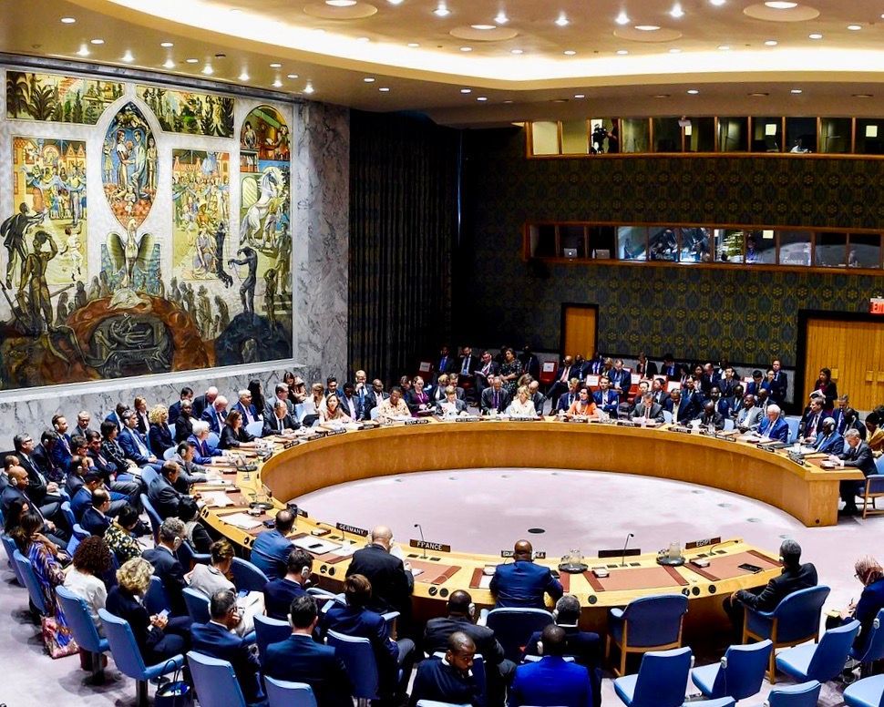 The U.N. Security Council Chamber in New York features a horseshoe-shaped table and large mural by a Norwegian artist.