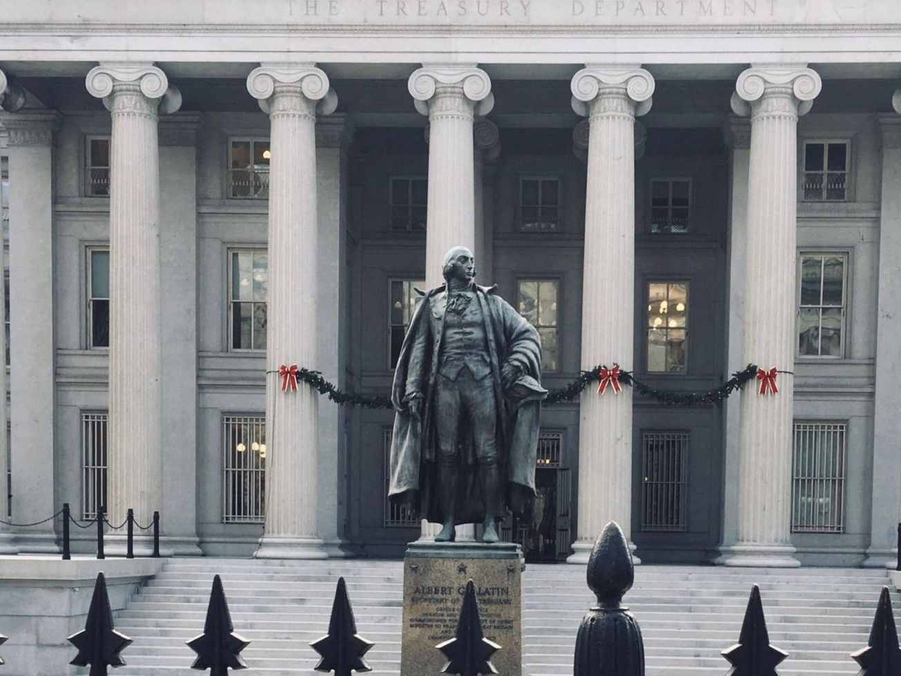 A statue of Swiss-American Albert Gallatin, the fourth U.S. Treasury Secretary, outside the U.S. Treasury in Washington