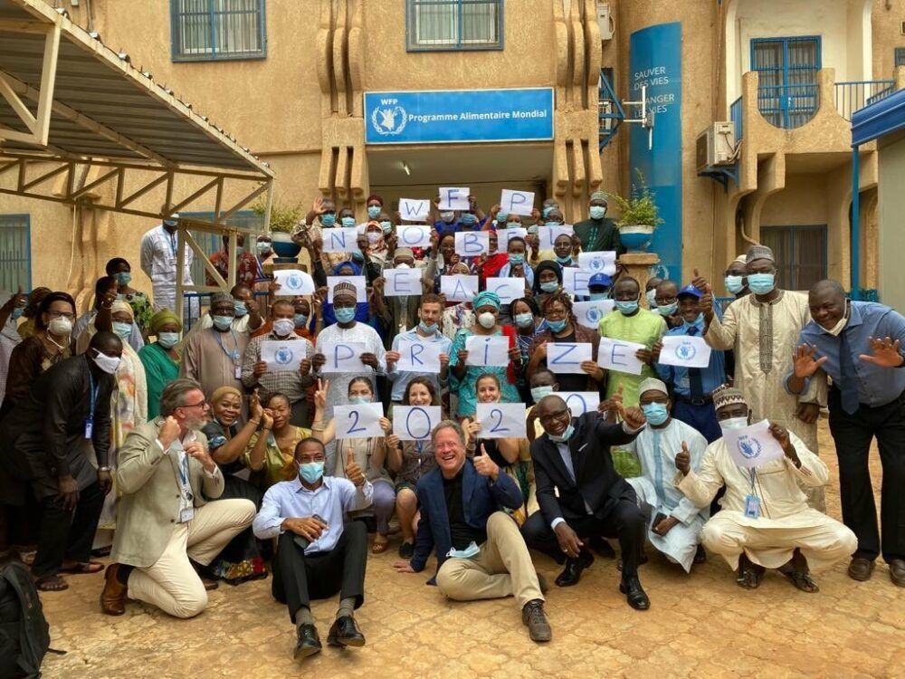 World Food Program Executive Director David Beasley celebrates the Nobel Prize win with staff in Niger