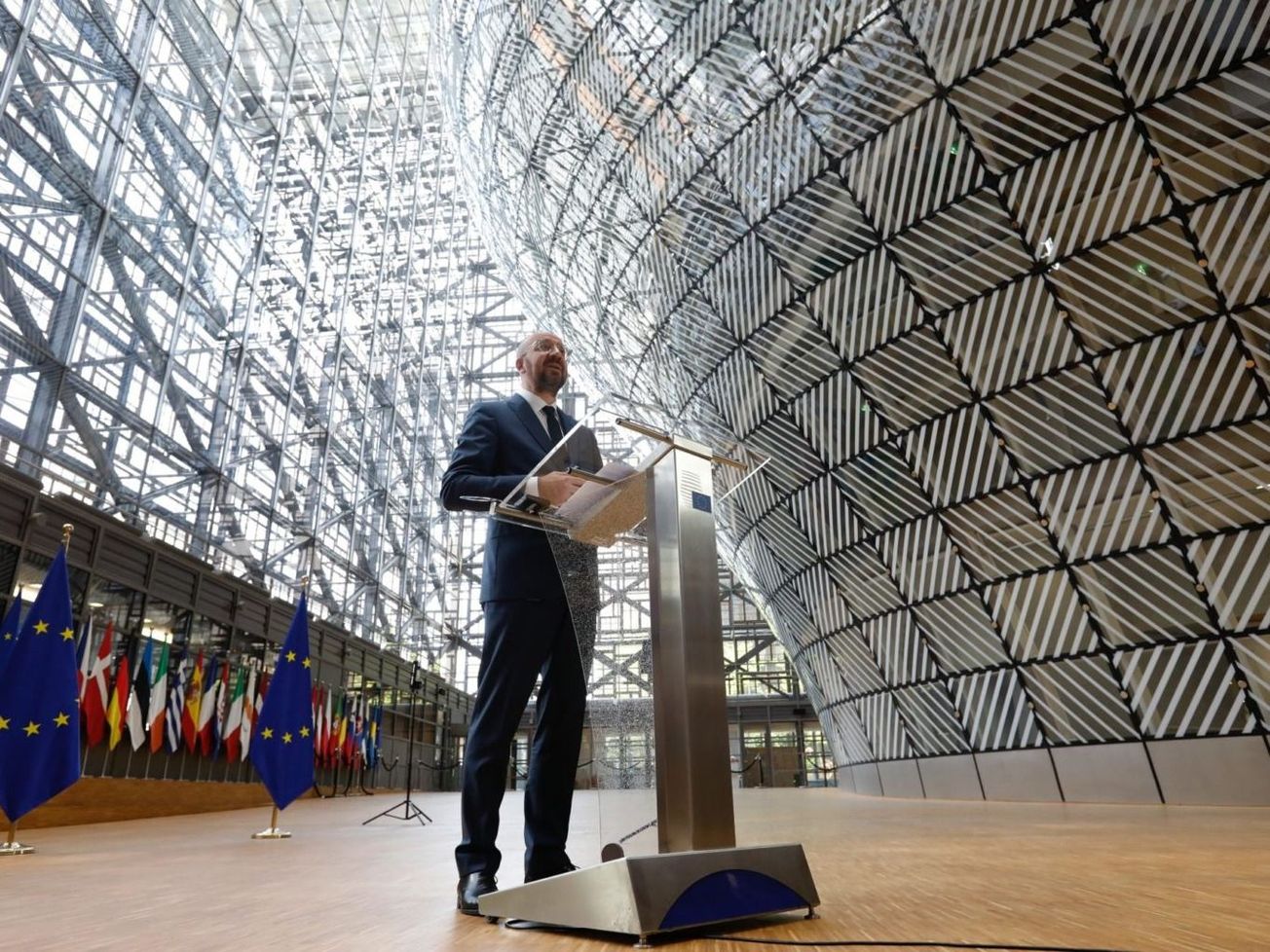European Council President Charles Michel of Belgium speaks at the Coronavirus Global Response pledging conference