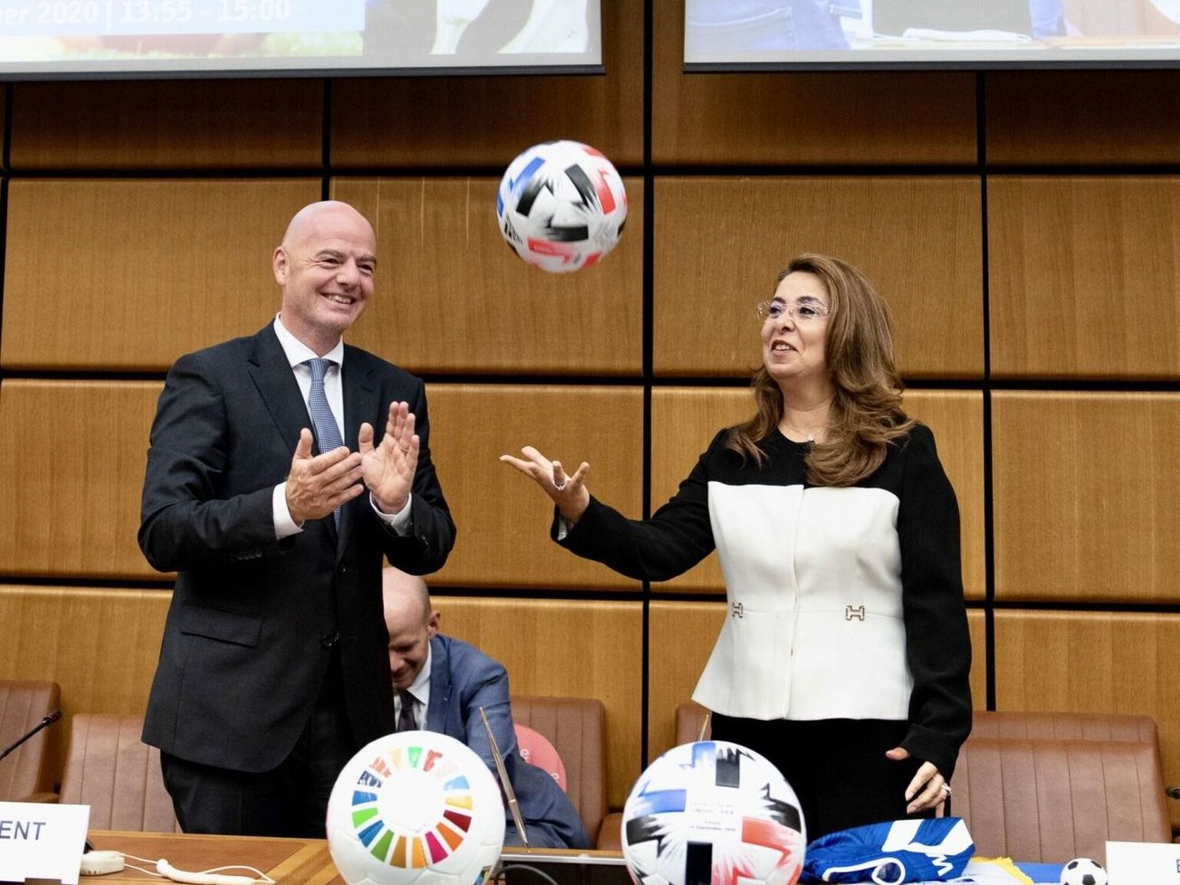 FIFA President Gianni Infantino and UNODC Executive Director Ghada Fathi Waly at a news event in Vienna