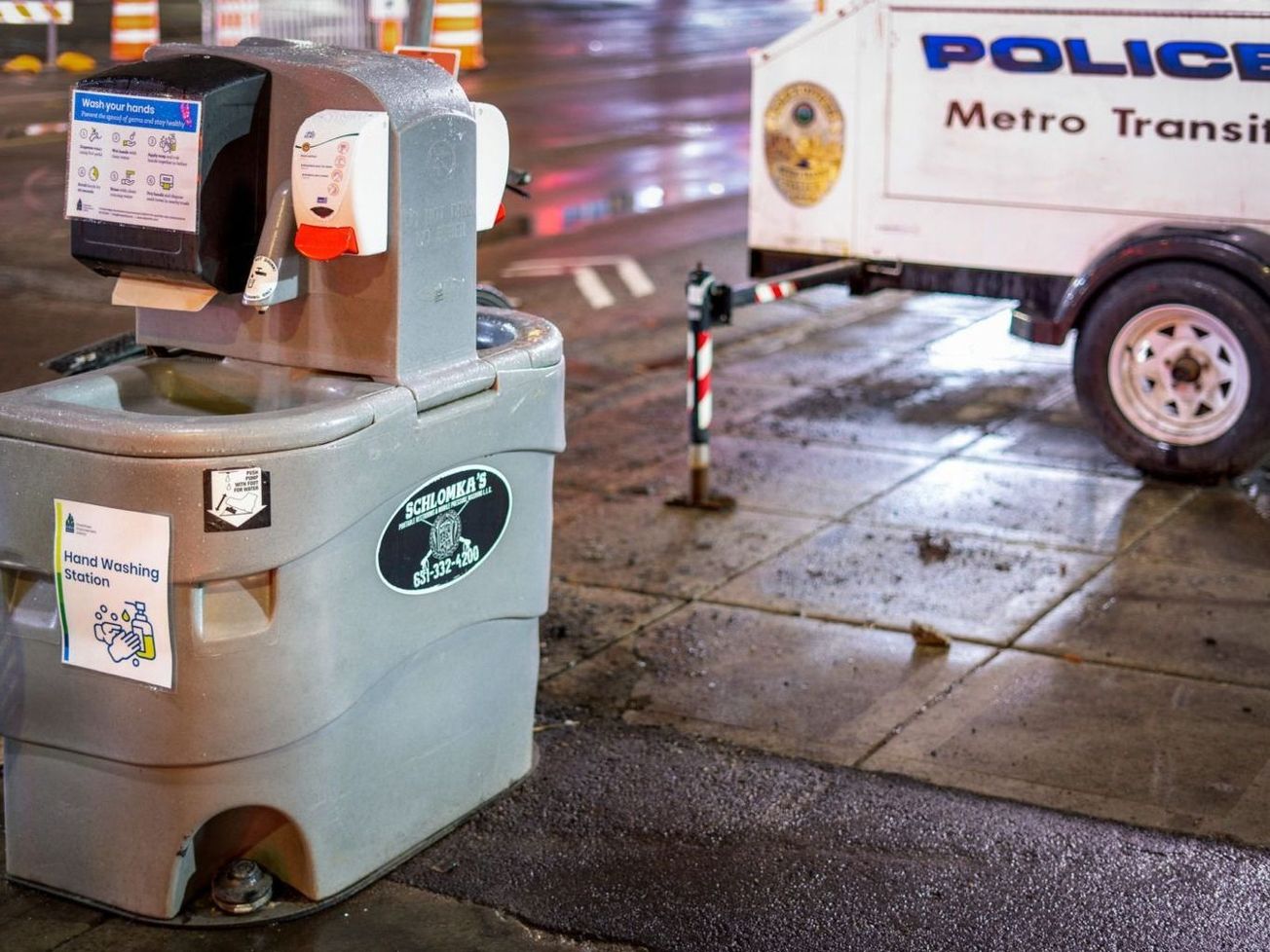 A hand washing station in downtown Minneapolis