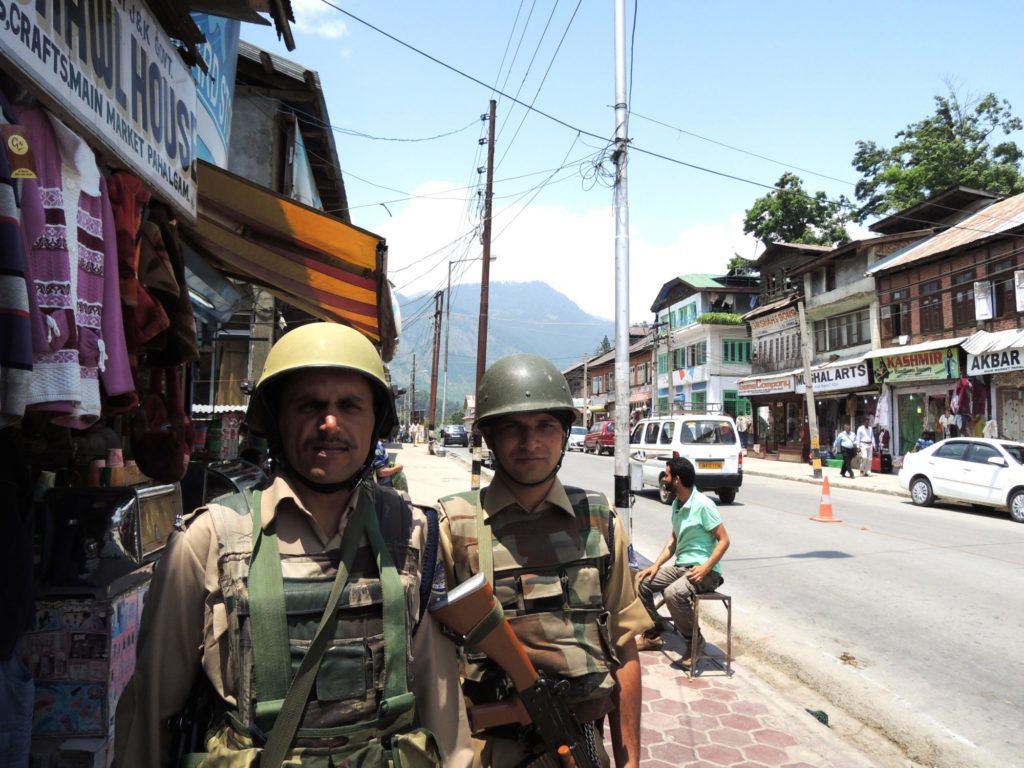 Indian Army troops in Pahalgam, among the Indian-administered portions of Jammu and Kashmi