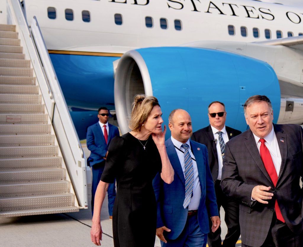 U.S. Ambassador Kelly Knight Craft greets U.S. Secretary of State Mike Pompeo in Ottawa, Canada