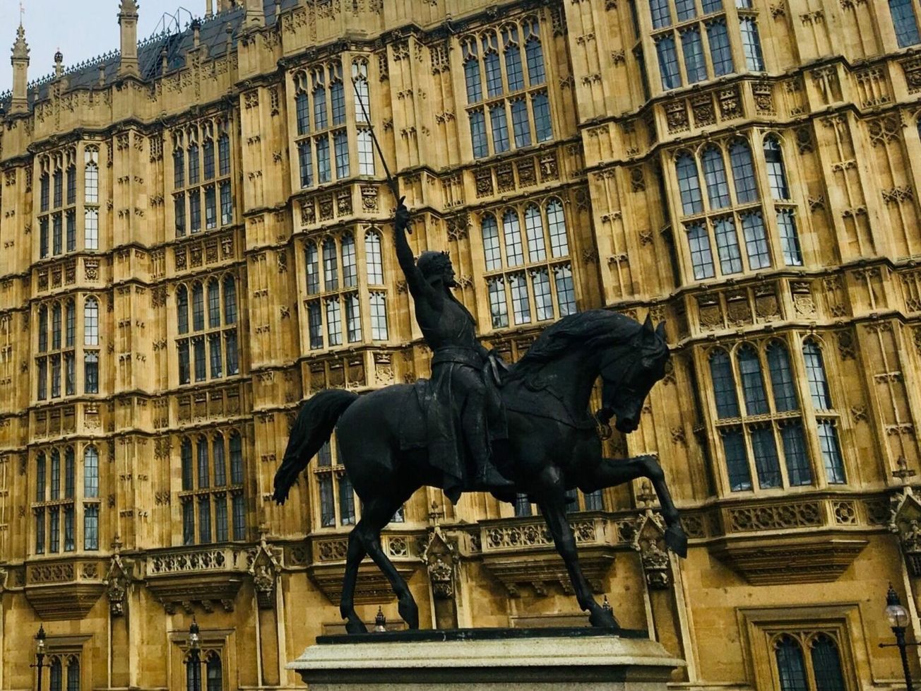 An Italian-sculpted statue of King Richard I, one of the few non-British artworks at Parliament