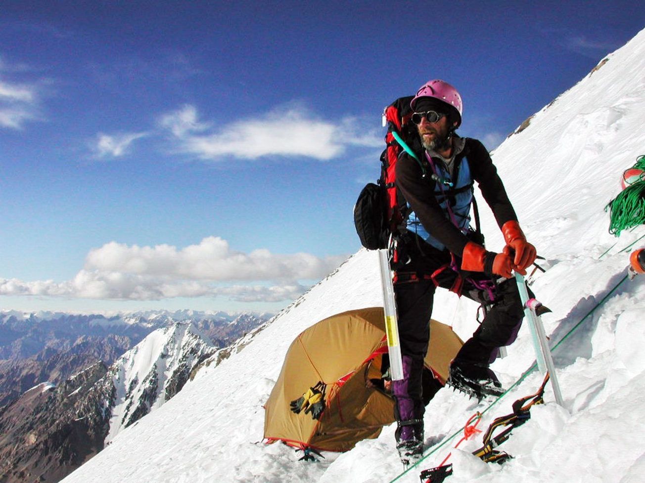 The late Mike Bearzi, an American alpinist from Boulder, Colorado, at nearly 7,000 meters on the North Ridge of K2