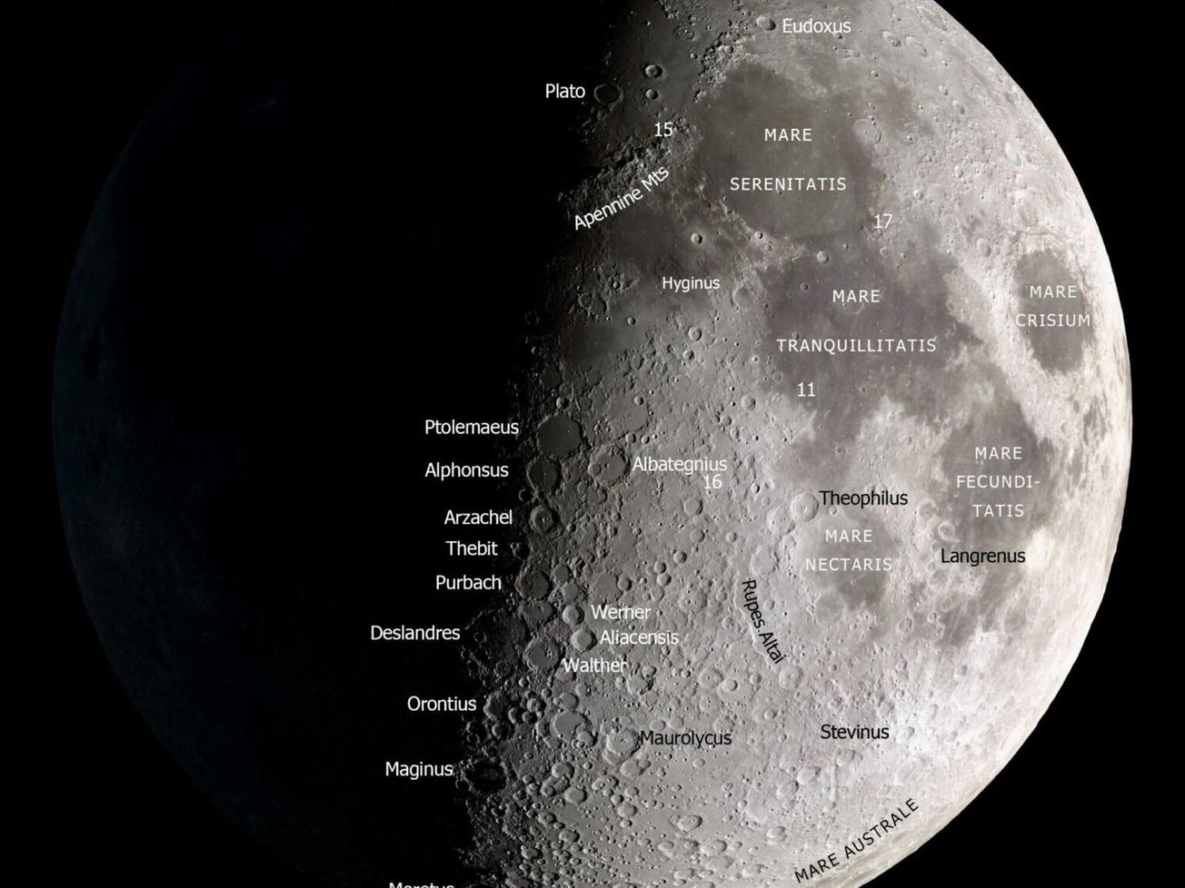 A map of the Moon including craters, a mountain range and four landing sites